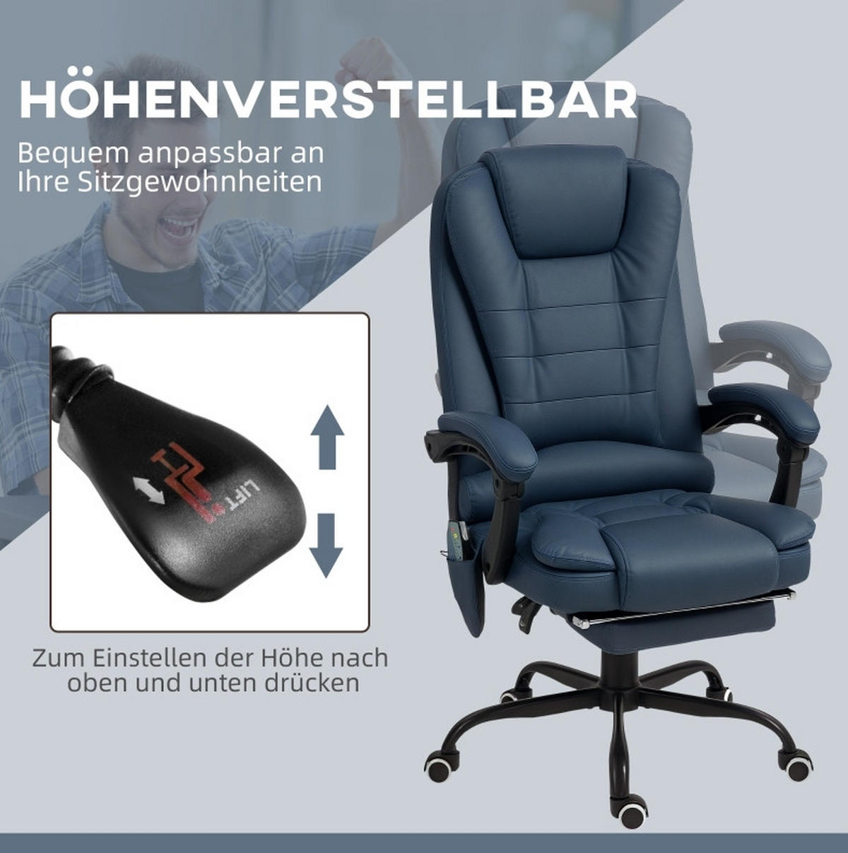 DREHSTUHL 67/67/111-121 cm blau aus Kunstleder mit Massagefunktion und Fußstütze - Blau, Leder (67/121/67cm) - OKWISH