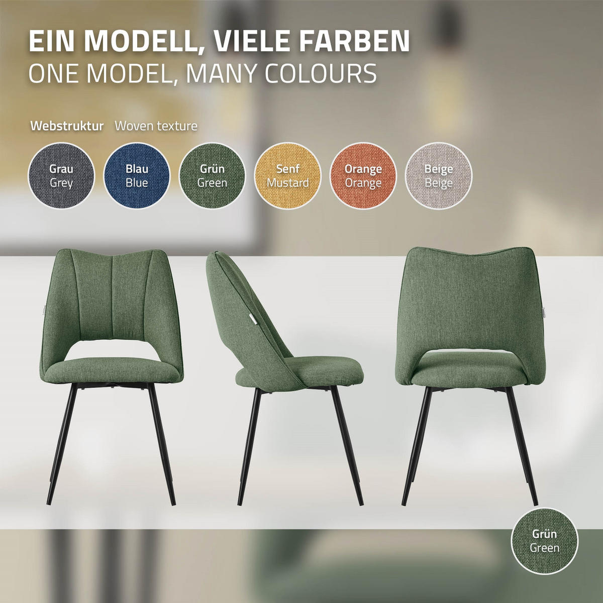 ESSZIMMERSTÜHLE 4ER-SET Grün Stoffbezug - Schwarz/Grün, Textil/Metall (53/89/57cm) - ML-DESIGN