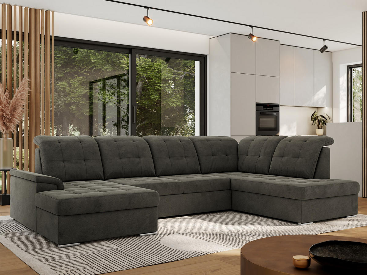 WOHNLANDSCHAFT MADRITO U - Dunkelgrau Velorus - Rechts - Dunkelgrau/Silberfarben, Textil/Metall (323/89/204cm) - MKS