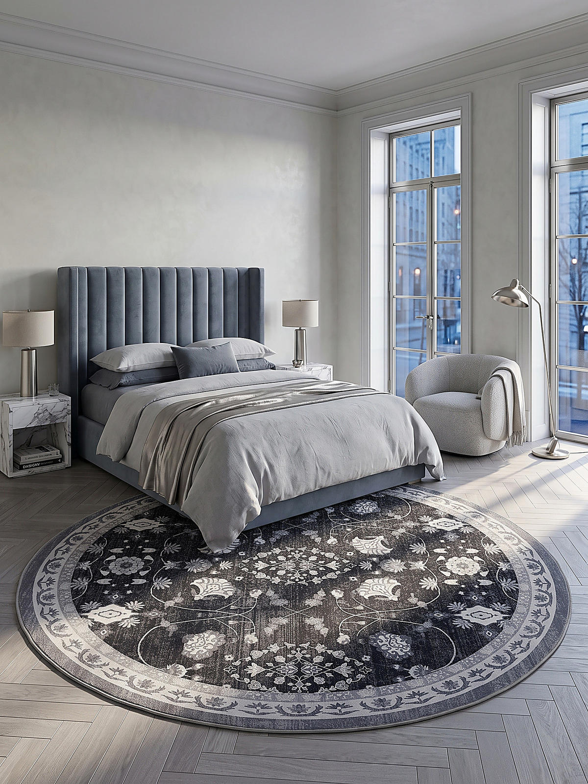 TEPPICH Kurzflor, waschbar, mit floralen Ornamenten, VERNANTE in Schwarz-Creme-Grau, Ø 200 cm - Schwarz, Textil (200/200cm) - KADIMA DESIGN