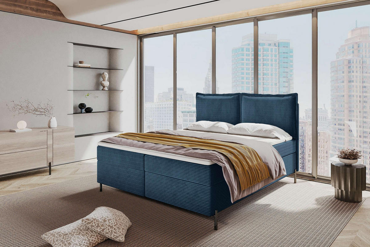 BOXSPRINGBETT VERO Cordstoff Blau 160/200 cm - Blau/Schwarz, Holzwerkstoff/Textil (160/200cm) - 99rooms