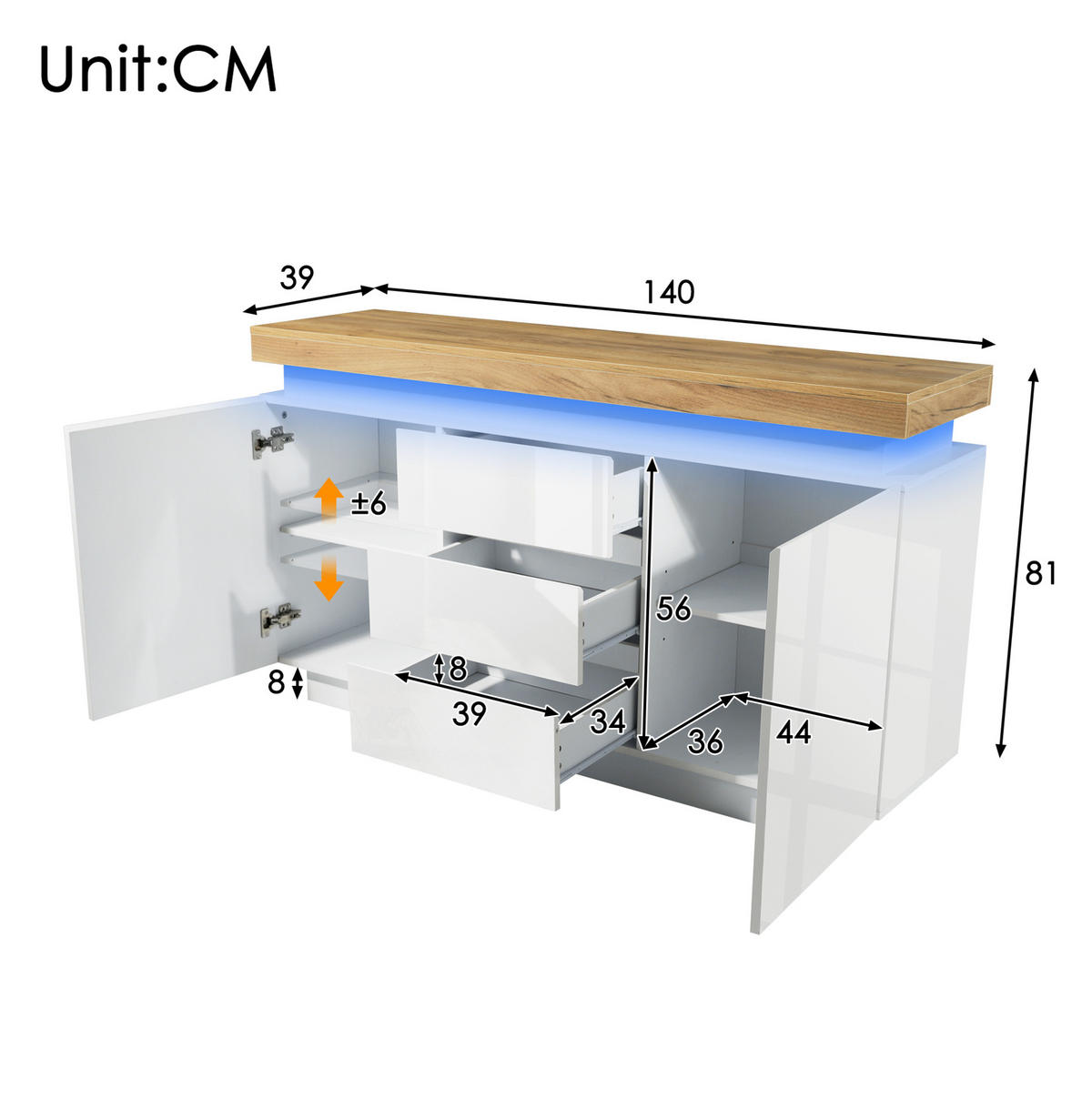 SIDEBOARD aus Spanplatte und MDF 140x39x81 cm Weiß mit LED-Beleuchtung, 2 Türen und 3 Schubladen - Weiß, Holzwerkstoff (140/81/39cm) - IVMEU
