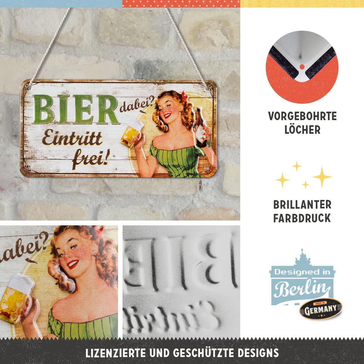 HÄNGESCHILD 10/20 cm Bier dabei Eintritt frei - Multicolor, Metall (20/10/0.2cm) - Nostalgic-Art