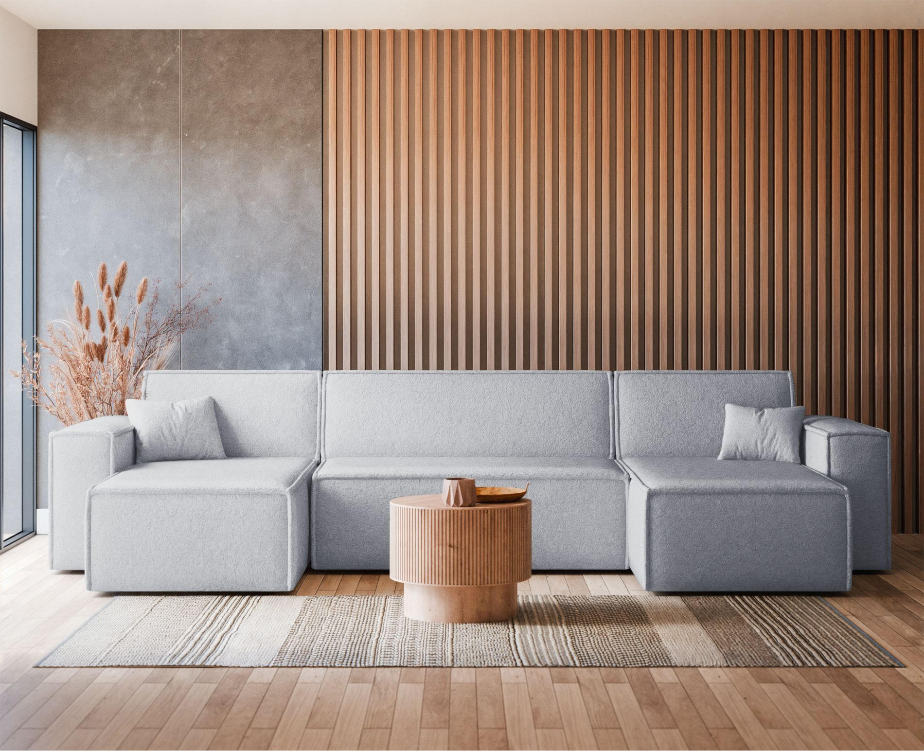 WOHNLANDSCHAFT Scarlo Hellgrau Bouclé-Bezug - Hellgrau/Schwarz, Kunststoff/Textil (312/83/145cm) - Selsey