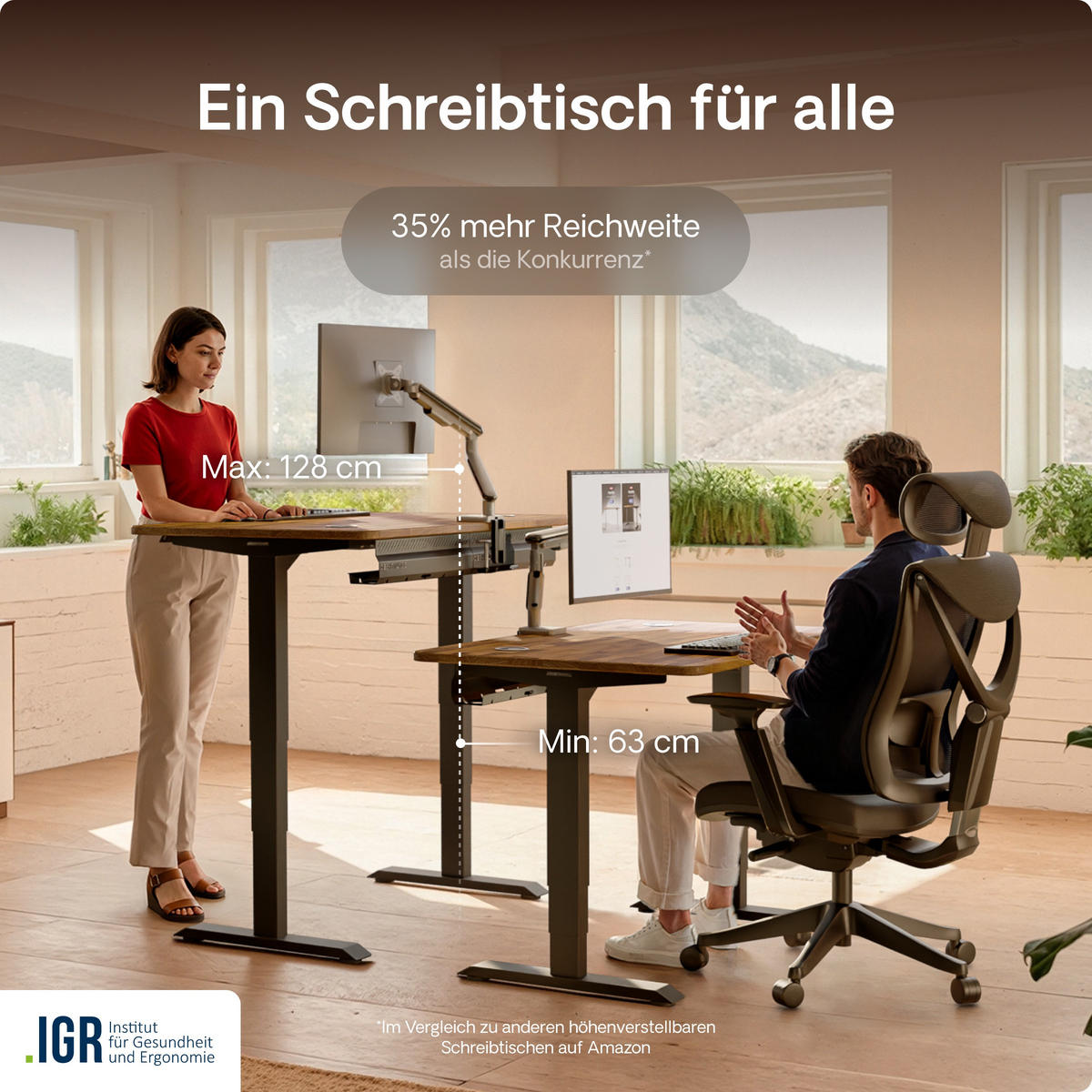 SCHREIBTISCH Elektrisch Höhenverstellbarer HomePro 120x60cm Schwarz/Massive Walnuss mit Memory-Funktion, Anti-Kollisions Technologie - Walnussfarben/Schwarz, Holz (60/120/63.5cm) - Desktronic