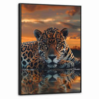 LEINWAND Bilder mit Rahmen - Natur - Leopard - Tier - Sonnenuntergang - Modern - 70x100 - Orange, Textil (70/100cm) - MuchoWow