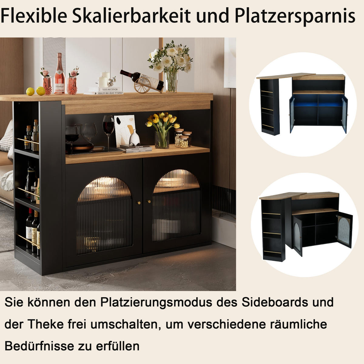 KÜCHENINSEL 138-193/39/105 cm Schwarz mit LED Lichtstreifen und Stauraum - Schwarz, Holz (39/105/193cm) - Oxeza
