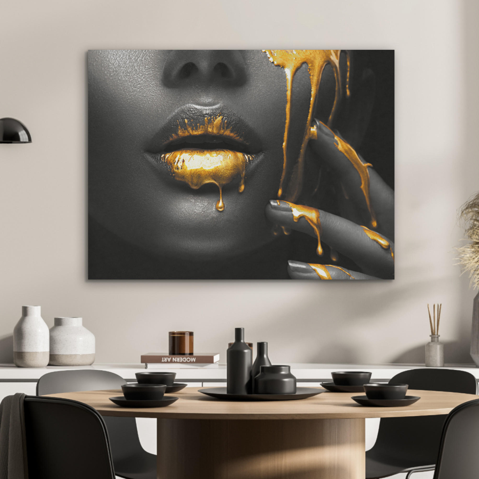 AKUSTIKPANEEL Frau - Schwarz - Gold - Gesicht - Lippen 80x60 cm - Goldfarben, Textil (80/0.9/60cm) - MuchoWow