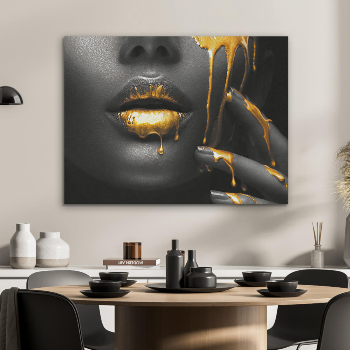 AKUSTIKPANEEL Frau - Schwarz - Gold - Gesicht - Lippen 80x60 cm - Goldfarben, Textil (80/0.9/60cm) - MuchoWow