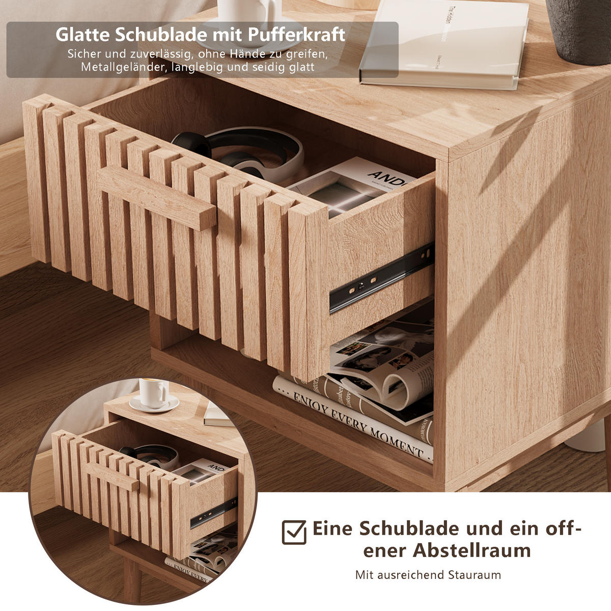 NACHTTISCH 2er Set Holzoptik Schubladen Ablage 40x35x55 cm - Naturfarben, Holz (35/55/40cm) - LEBENLANG