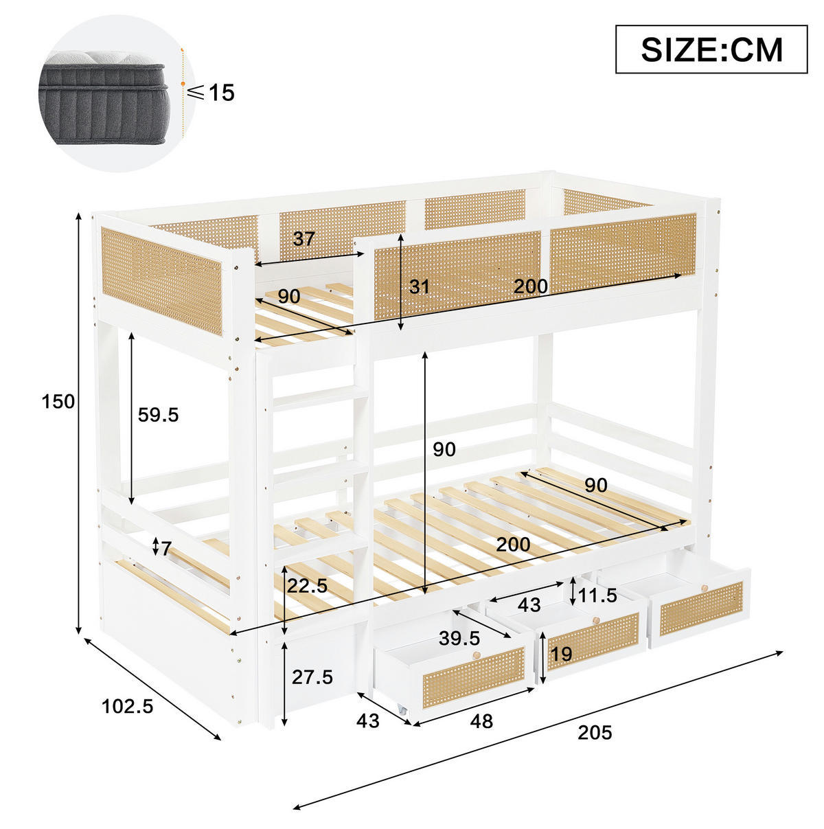 ETAGENBETT 90/200 cm aus Kiefer und MDF mit 3 Schubladen Weiß/Natur - Weiß, Holz (90/200cm) - Modenvie