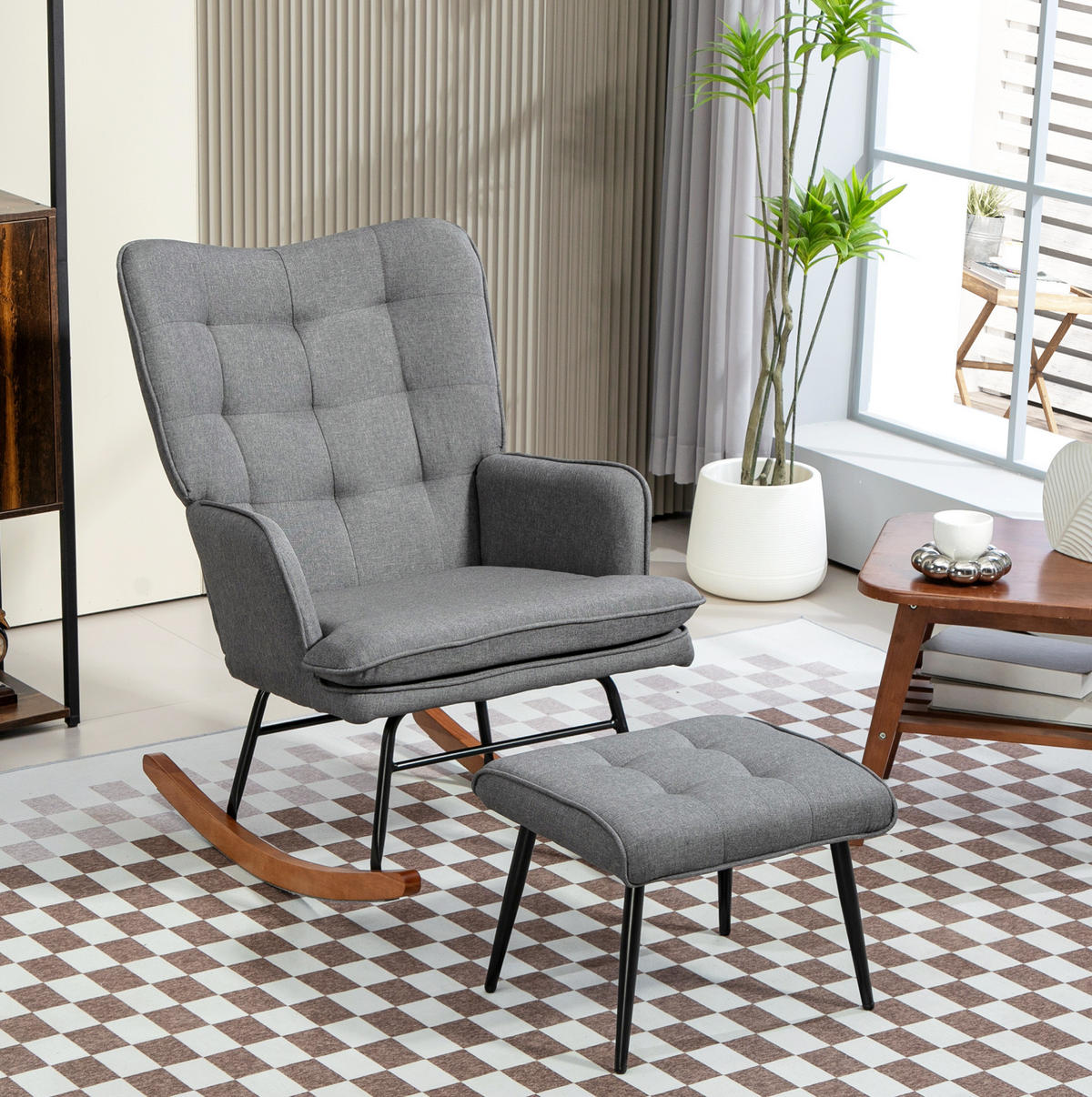 HOUPACÍ židle s taburetem 64/89/90 cm tmavě šedé, polyester - tmavě šedá, textil (89/90/64cm) - BEAOK