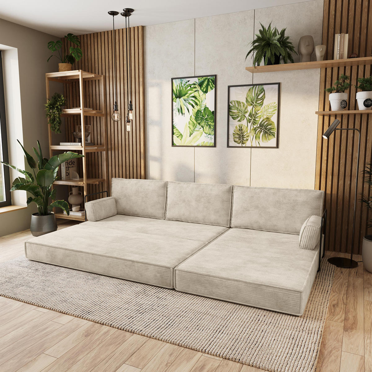 ECKSOFA ANKO modulares Boneless Sofa mit Schlaffunktion Creme Kordstoff - Creme, Textil (270/160cm) - MASSENO
