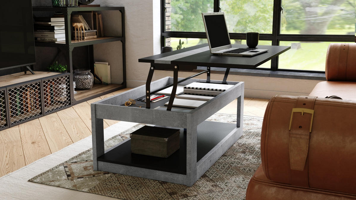 COUCHTISCH rechteckig Schwarz - Beton aufklappbar - Hellgrau/Schwarz, Holzwerkstoff (66/112/45cm) - designimpex