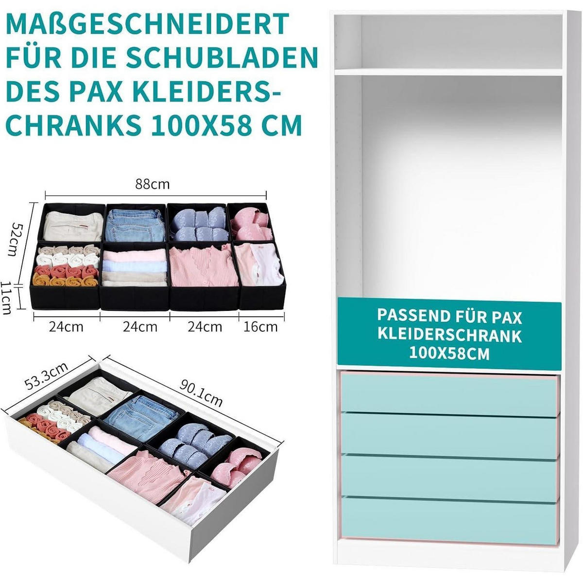 SCHUBLADEN Organizer 8er Set für PAX Kleiderschrank 100x58 cm Schwarz - Schwarz, Textil (24/11/26cm)