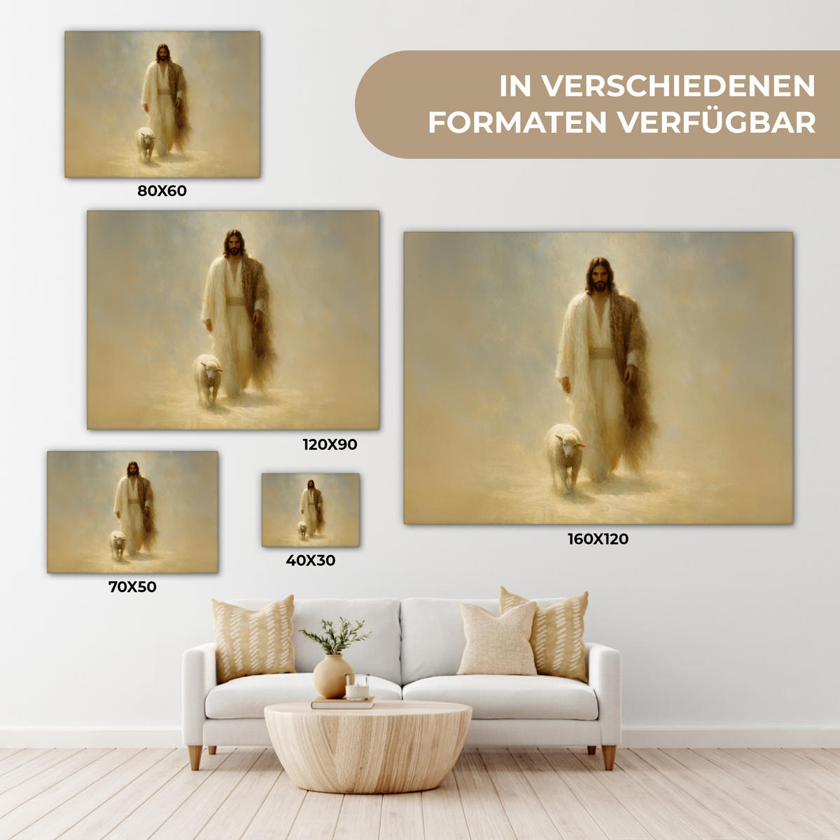 LEINWANDBILD Schaf - Jesus - Pinselstriche - Abstrakt Wandbilder 80x60 cm - Sandfarben, Textil (80/60cm) - MuchoWow