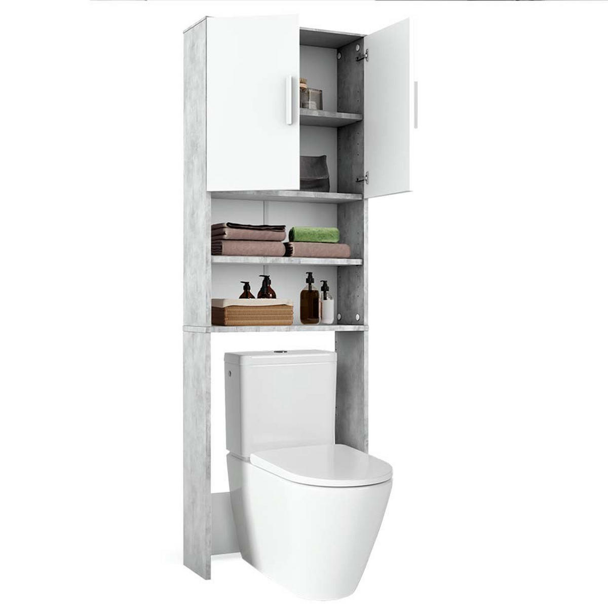 TOILETTENSCHRANK Beton/Weiß 64 x 190 cm mit 2 Türen - Weiß/Grau, Holzwerkstoff (64/190/26cm) - Vicco