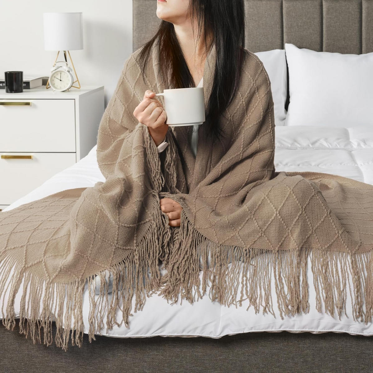STRICKDECKE - 127 × 180 cm - Khaki - Greige, Textil (127/180cm)