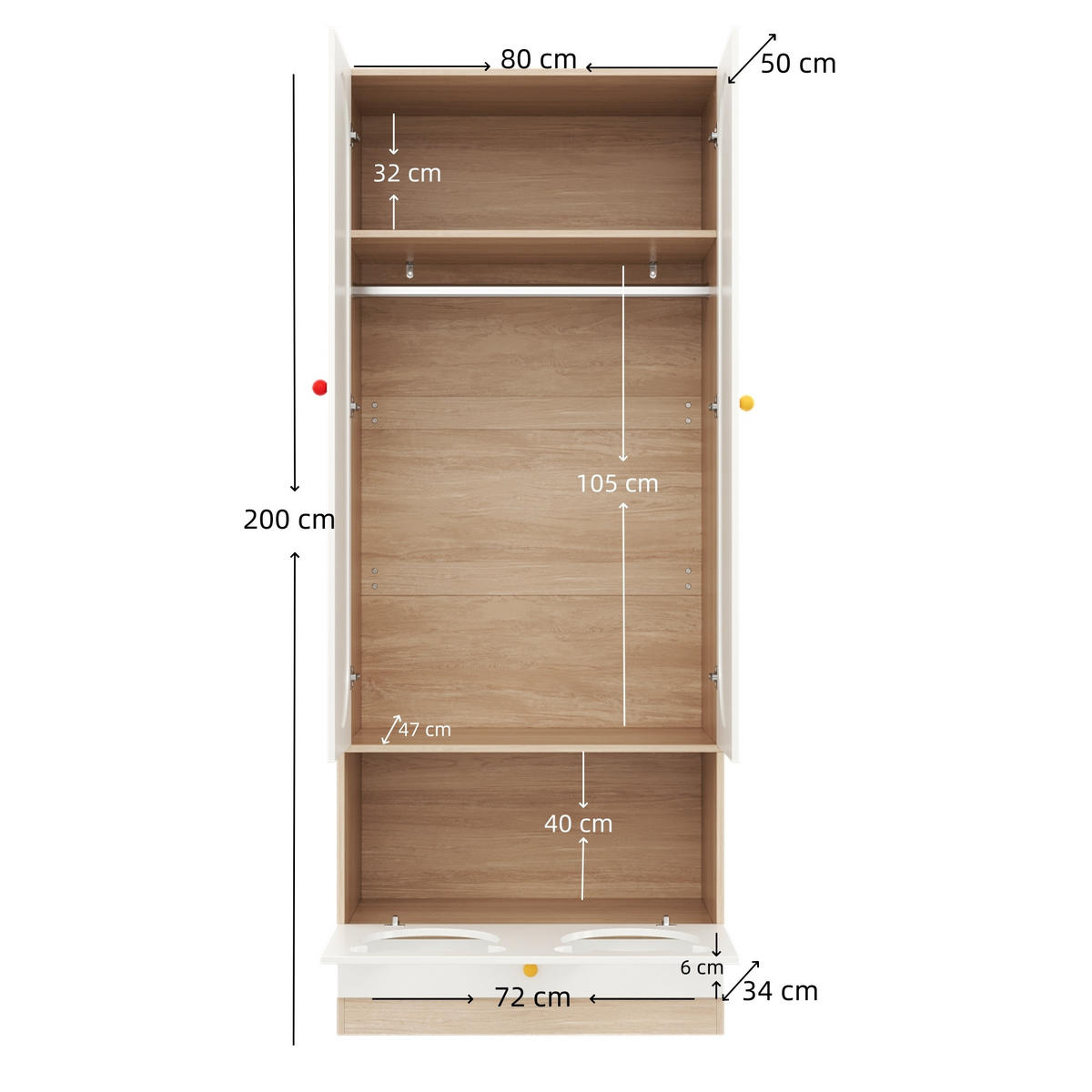KINDERREGAL in Weiß Kinderkleiderschrank 2-teilig mit Bügelstange und Katzenbett für Schlafzimmer, B160/T50/H200cm - Weiß, Keramik/Holzwerkstoff (160/200/50cm) - STILVORA