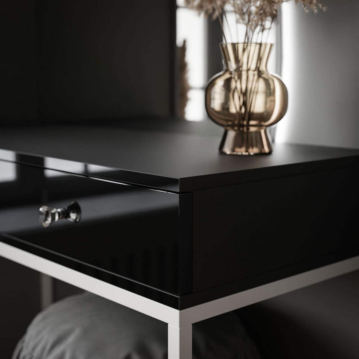 SCHMINKTISCH weiß/schwarz Hochglanz QUINNIE mit LED-Spiegel rechts Griff Kristall - Schwarz Hochglanz/Weiß, Holzwerkstoff (100/176/42cm) - Lookway