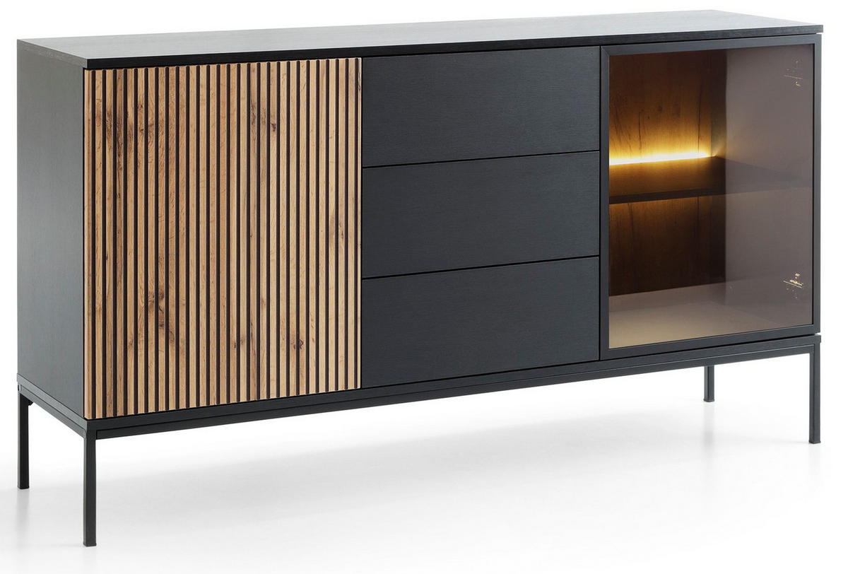 KOMMODE 150 cm Haller mit Schubladen, LED-Beleuchtung, Lamellen, Braun - Braun, Holz (154/83/39cm) - Emporius