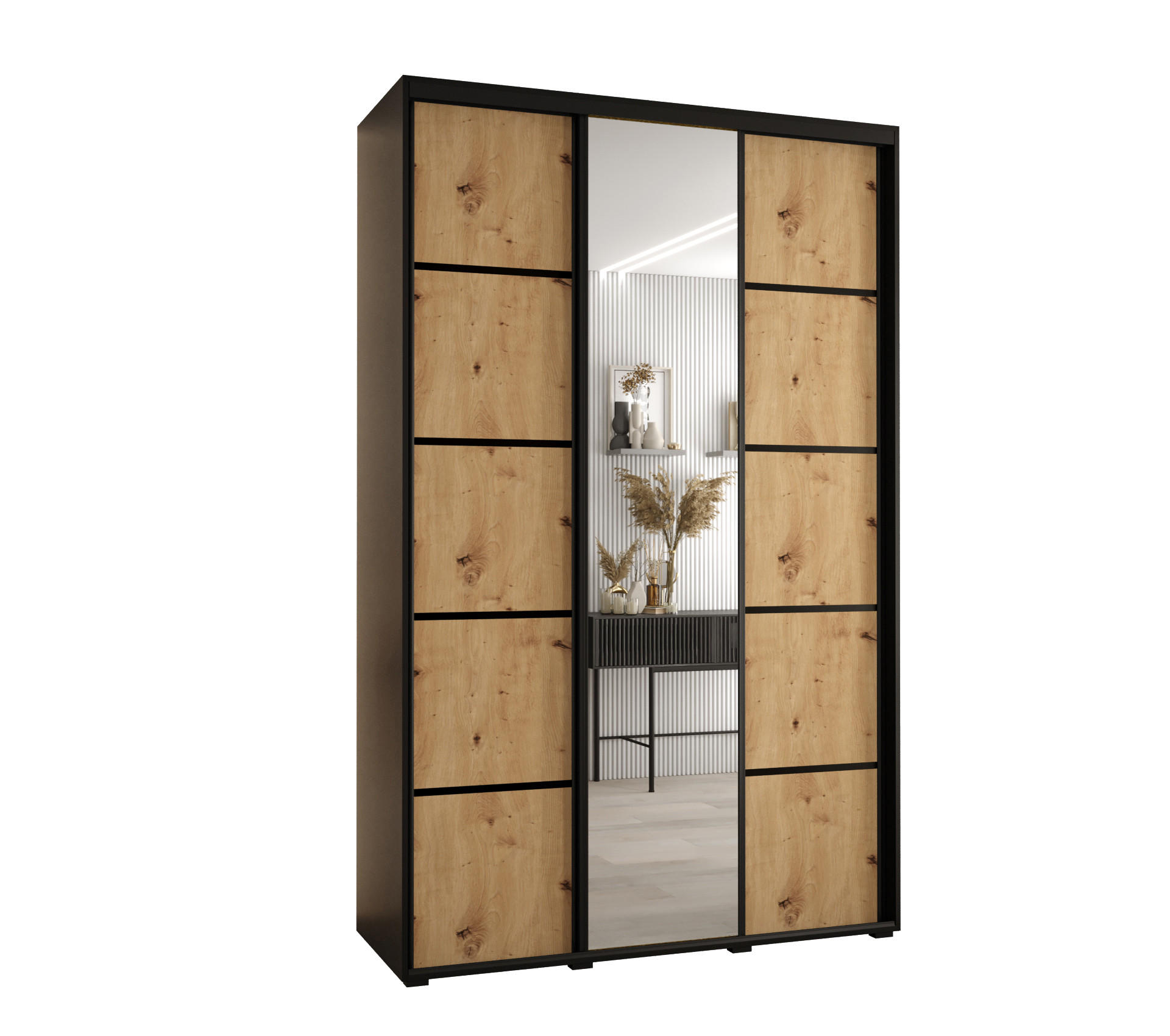 Abiks Möbel Schwebetürenschrank Schwarz, Eiche Artisan, Schwarz 150x235x45 cm
