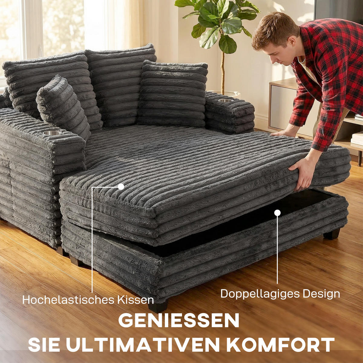 CHAISELONGUE 2 SITZER DE-06570 Großes Schlafsofa mit Becherhalter Grau - Grau, Holz/Textil (134/89/151cm) - ComfortXL