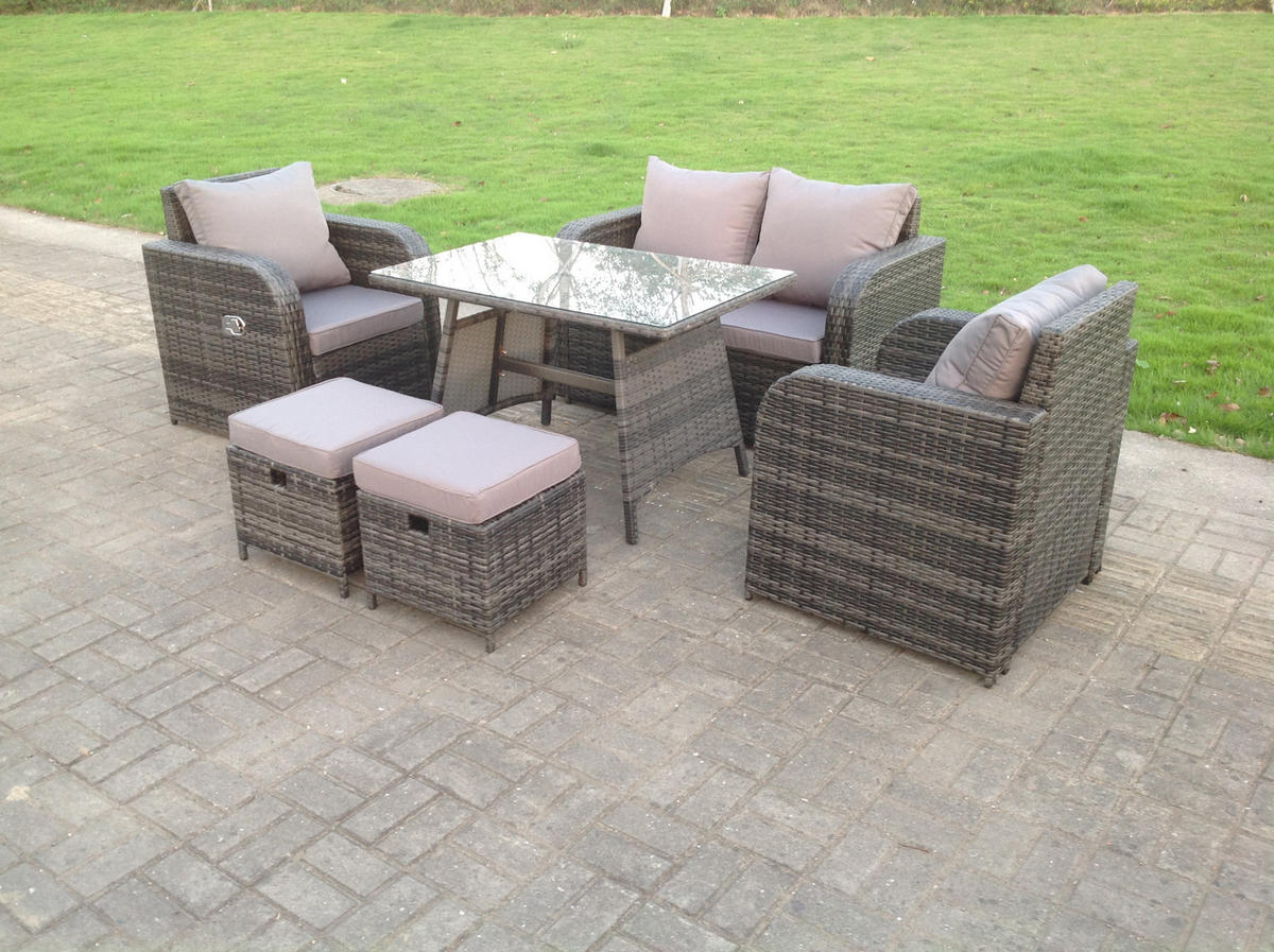 LOUNGESOFA SET mit Hocker Polyrattan 5-Sitzer - Dunkelgrau/Grau, Glas/Kunststoff - Fimous