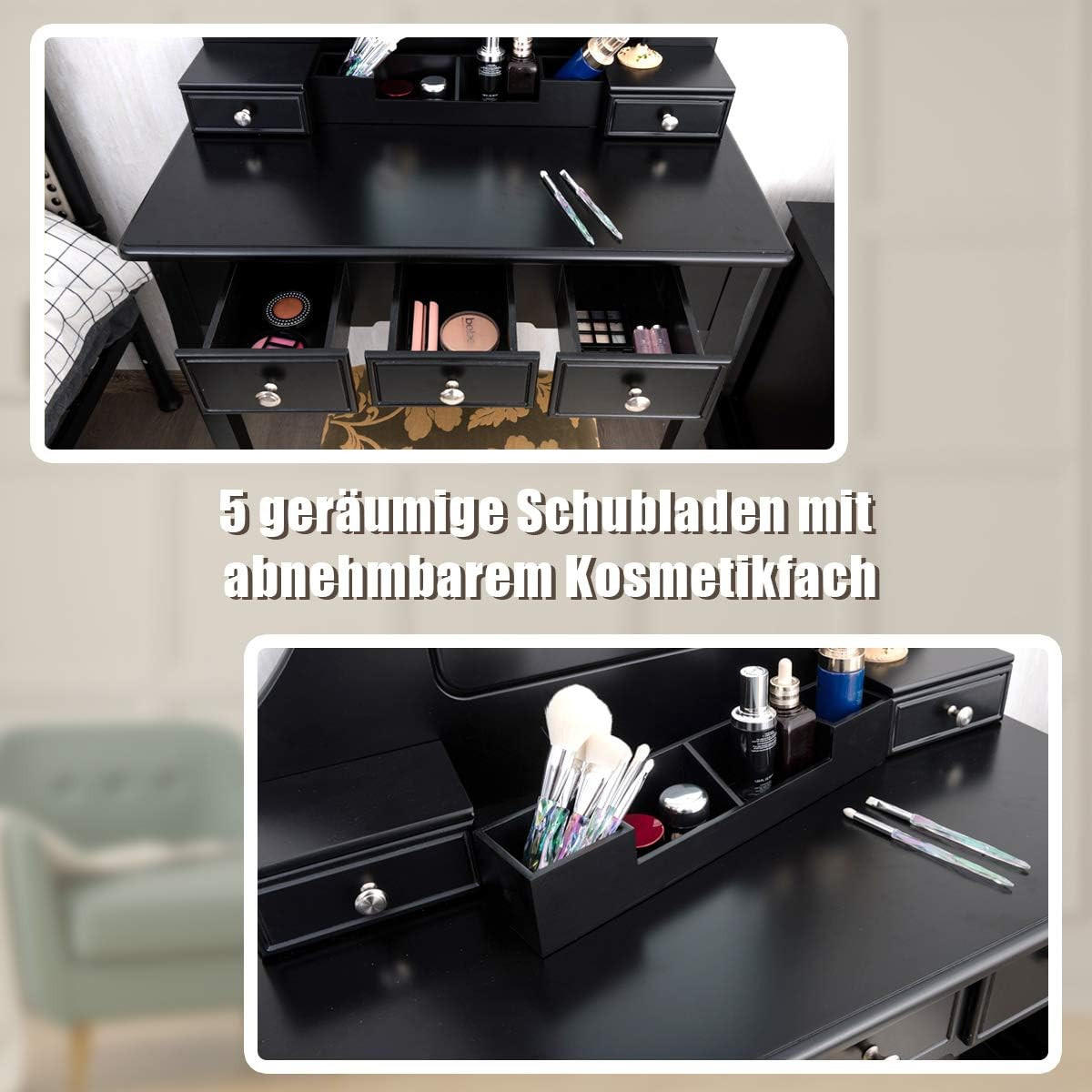 SCHMINKTISCH mit hocker frisiertisch Schwarz - Schwarz, Holz (80/139/40cm) - COSTWAY