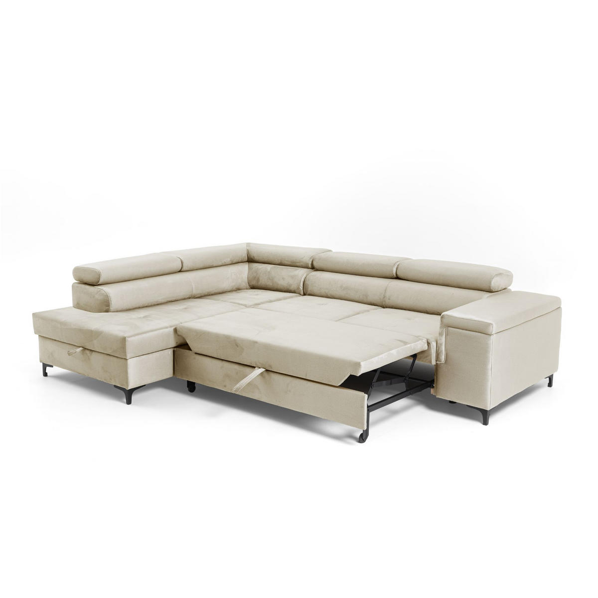 ECKSOFA WILLIAM L Links mit Schlaffunktion 127x195 Velours Beige - Beige/Silberfarben, Holz/Textil (275/203cm) - Muffo