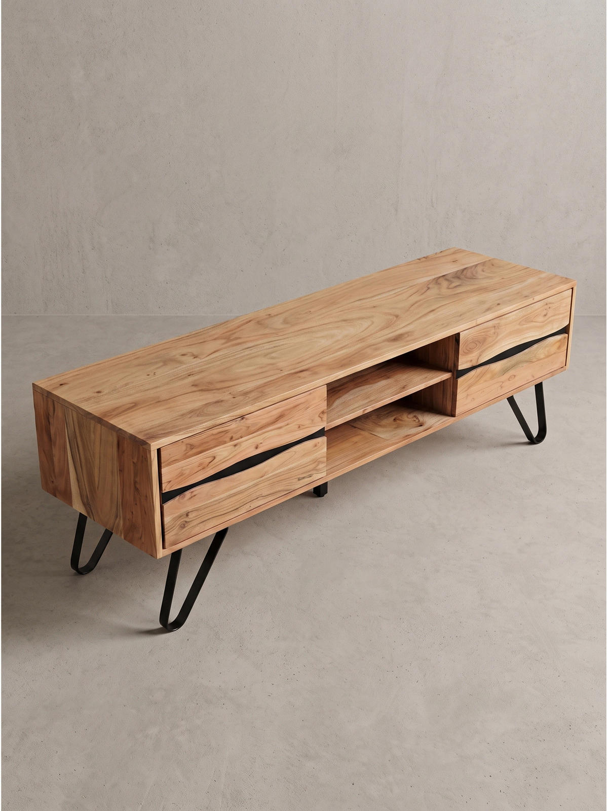 LOWBOARD BETANZOS, Akazie Massivholz, 160 x 44,5 x 50 cm - Schwarz/Akaziefarben, Holz/Metall (160/50/44.5cm) - KADIMA DESIGN