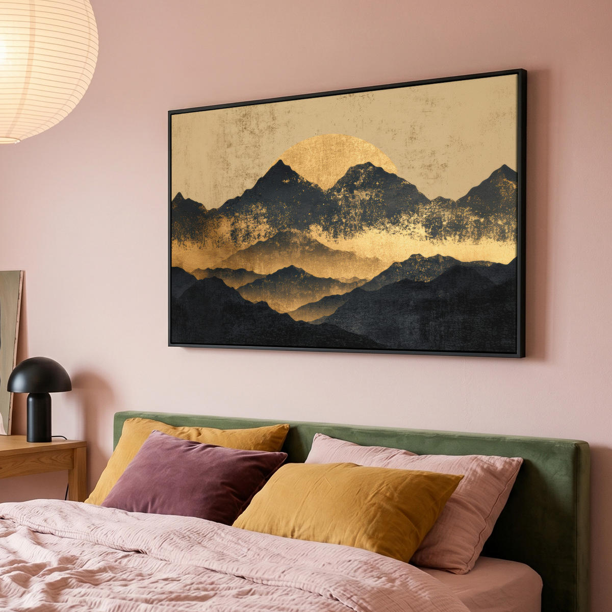LEINWAND Bilder mit Rahmen - Goldene Berge bei Mondschein - 140x90 - Goldfarben, Textil (140/90cm) - MuchoWow
