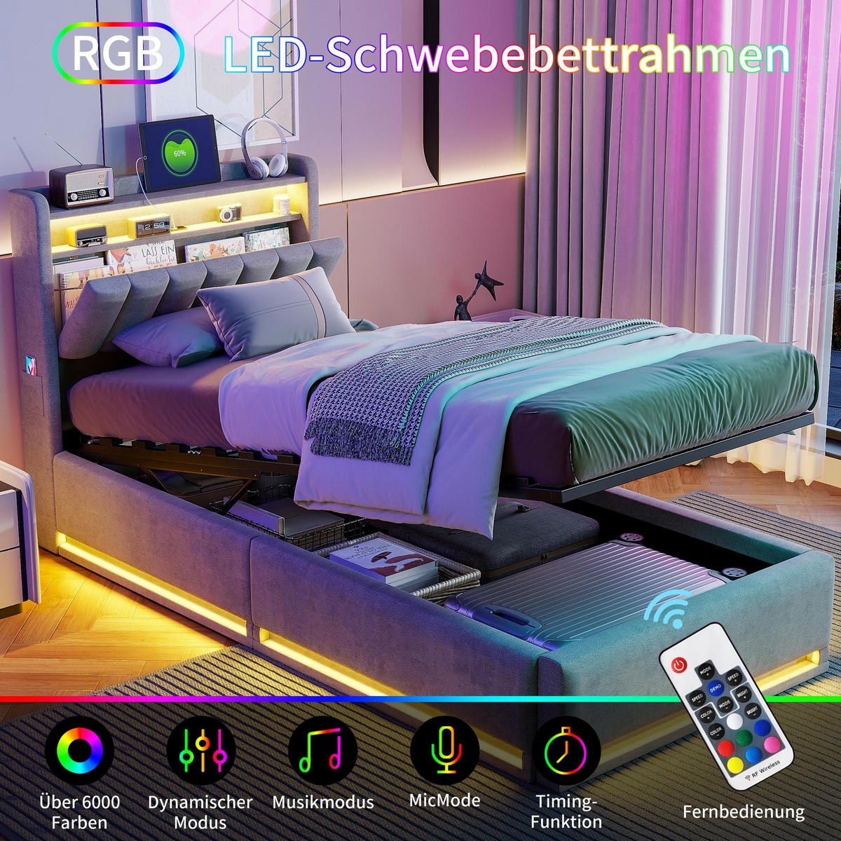 STAURAUMBETT 90/200 cm, mit LED-Beleuchtung, Kopfteil mit Stauraum, Regalen, Lattenrost aus Holz, Metallrahmen, gepolstertes Veloursbett, Grau - Grau, Textil (90/200cm) - Waldena