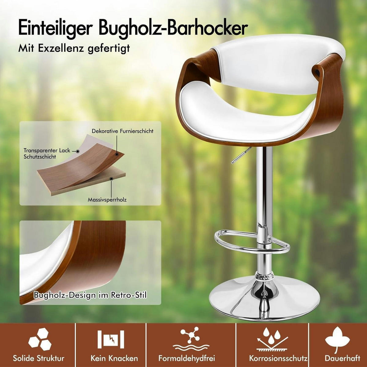 BARHOCKER mit Holzrückenlehne Weiß Höhenverstellbar 360° drehbar - Weiß, Kunststoff (40/110/40cm)