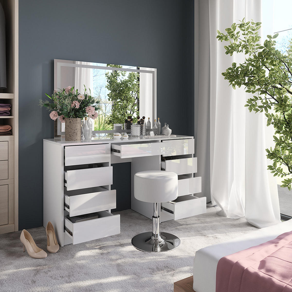 SCHMINKTISCH Sherry Weiß/Weiß Hochglanz 128.2 cm mit LED-Spiegel und Hocker - Weiß Hochglanz, Holzwerkstoff (128.2/76/50.1cm) - Vicco