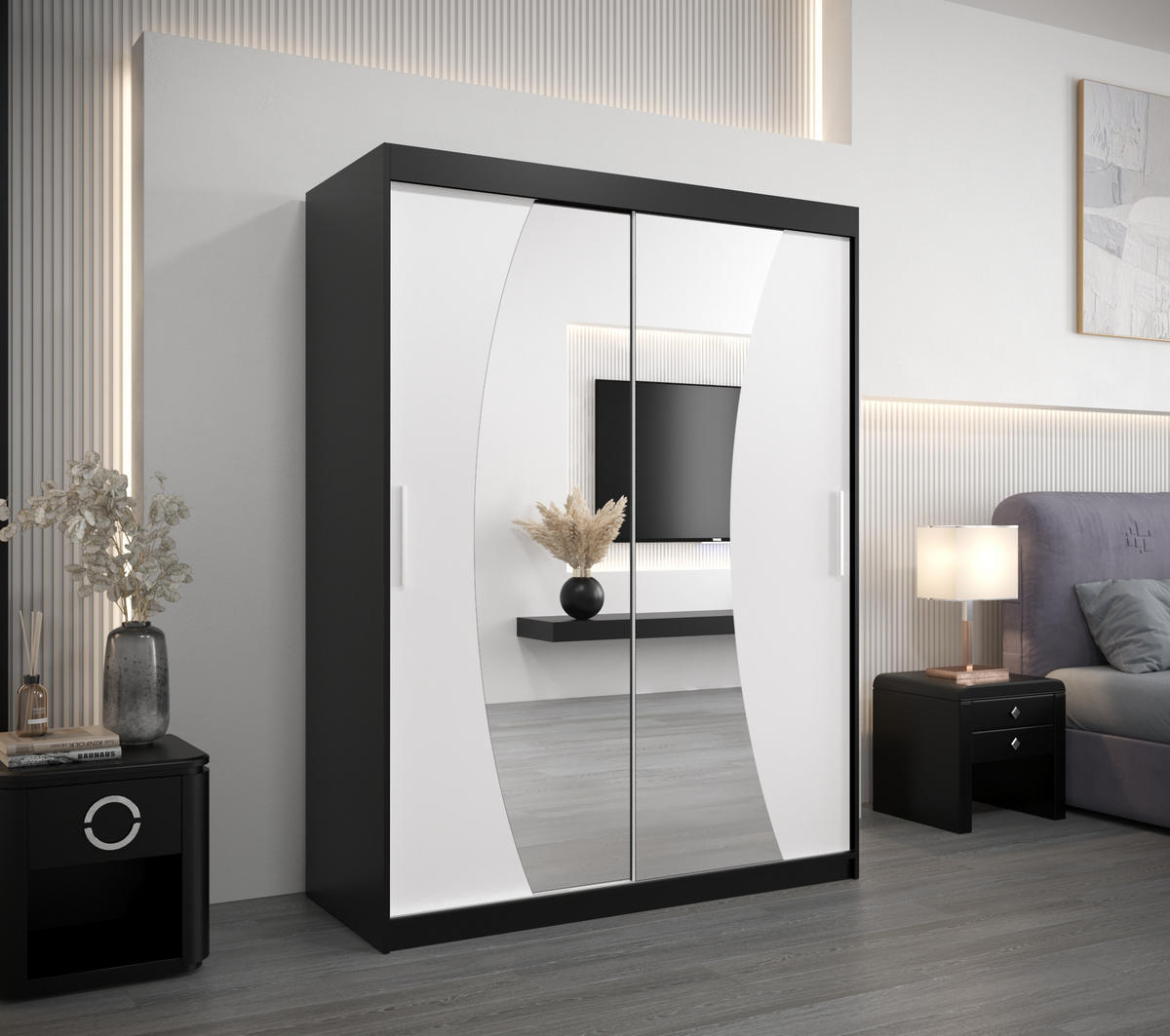 SCHWEBETÜRENSCHRANK 200/150/62 2-türig - Silberfarben/Schwarz, Holz/Kunststoff (150/200/62cm) - Abiks Möbel