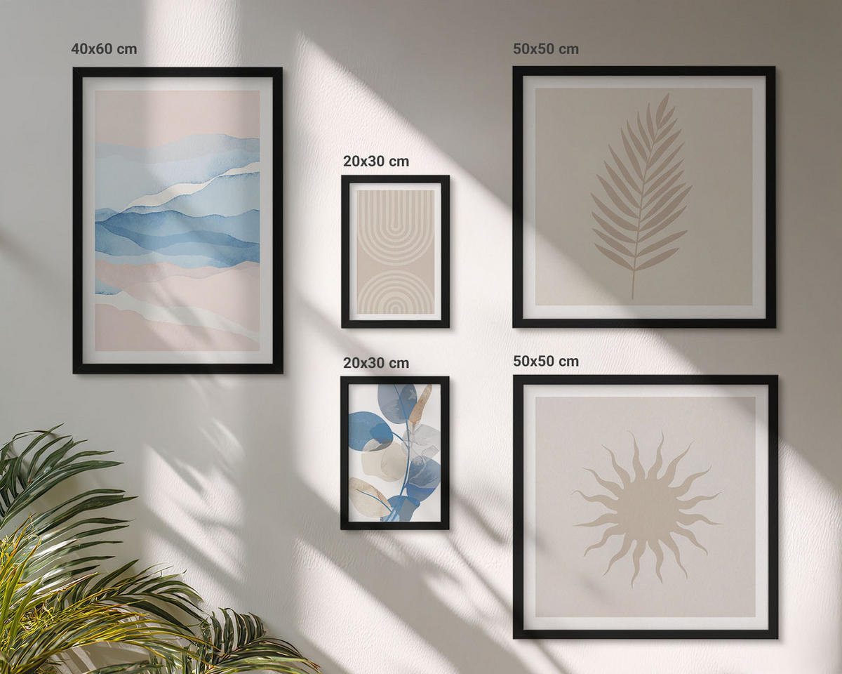 BILDER SET 5er Set - 50x50 cm & 20x30 cm & 40x60 cm Schwarzer Rahmen - Abstrakte Linien der Sonnenwellen - Schwarz, Kunststoff (40/60cm) - TULUP