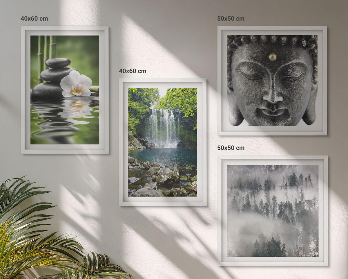 WANDBILDER 4er-Set - 50x50 cm & 40x60 cm Weißer Rahmen - Harmonie der Natur, Steine, Wasser, Buddha - Weiß, Kunststoff (50/50cm) - ArtPrintCave