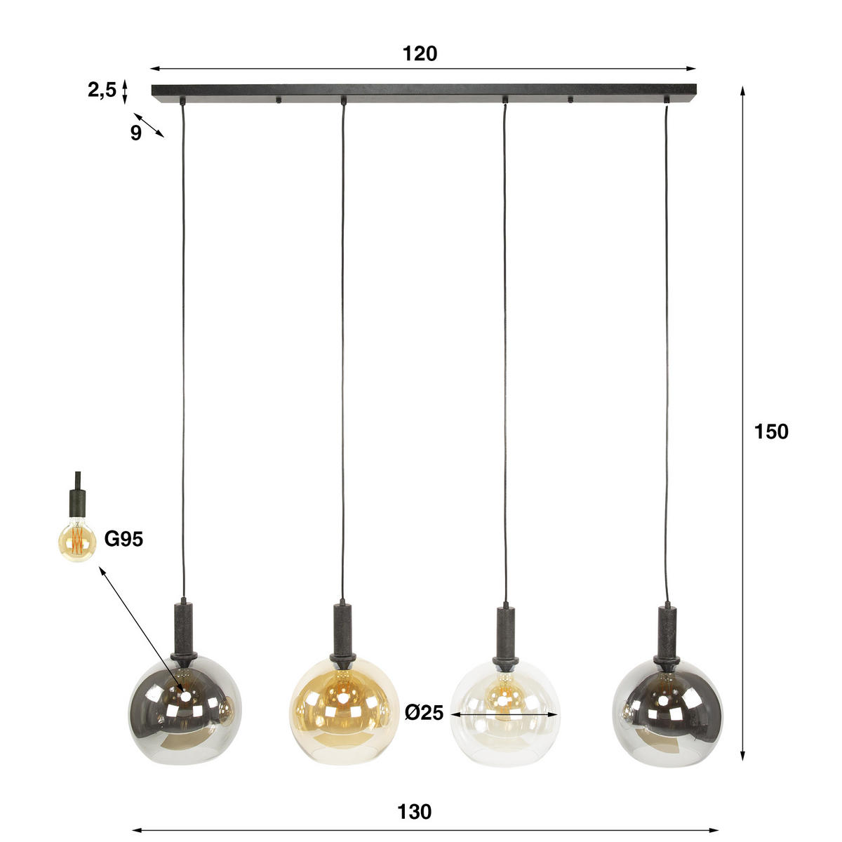 HÄNGELAMPE Sfera Schwarz 25/130/150 cm - Schwarz, Glas (25/130/150cm) - Hoyz Collection
