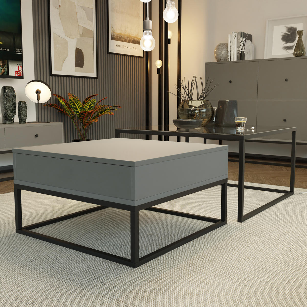 COUCHTISCH quadratisch Grau, MDF/Glas Tischplatte, Rahmen Schwarz - Schwarz/Grau, Holzwerkstoff (70/70/42cm) - Idohome