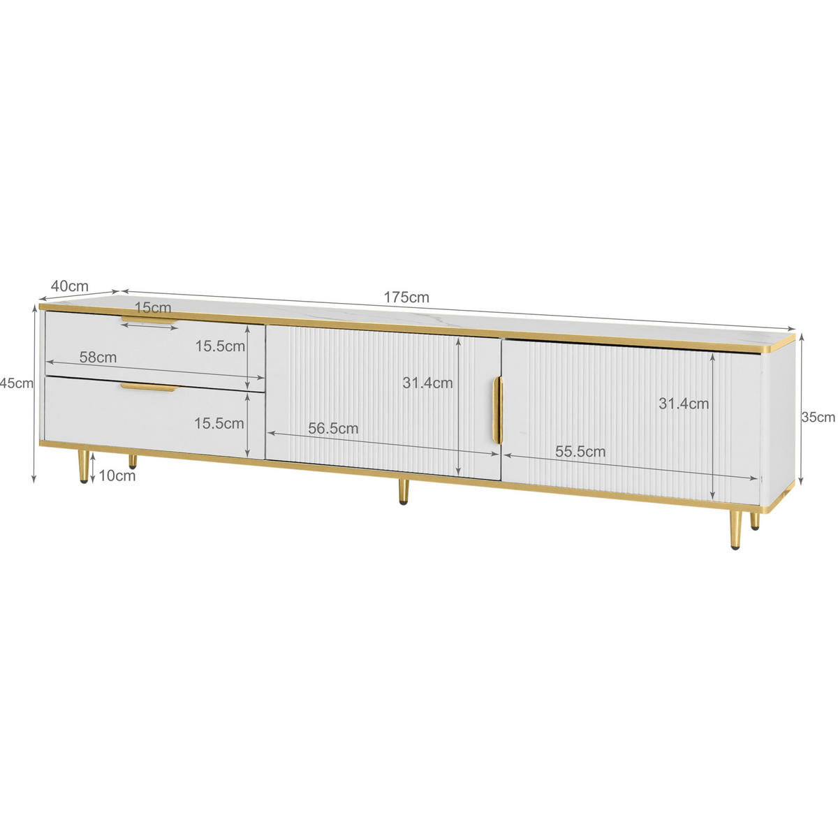 LOWBOARD 170/37/45 cm aus Holzwerkstoff mit geschnitzter Front Weiß/Gold - Weiß, Holzwerkstoff (175/45/40cm) - Modenvie