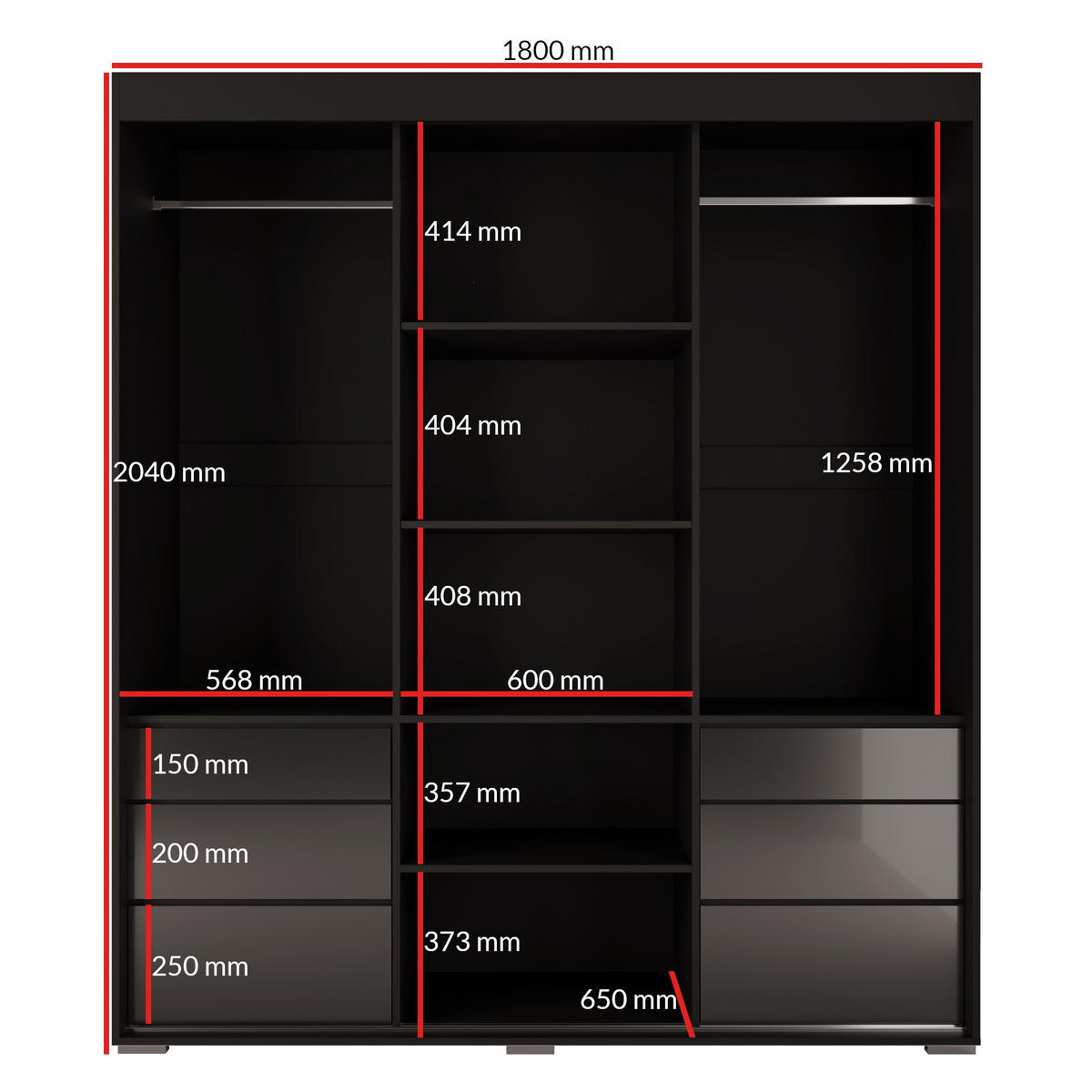 SCHIEBETÜRENSCHRANK mit Schubladen Torino 3D 180 Schwarz (Lacobel) - Silberfarben/Schwarz, Holzwerkstoff/Metall (180/204/65cm) - mzm24