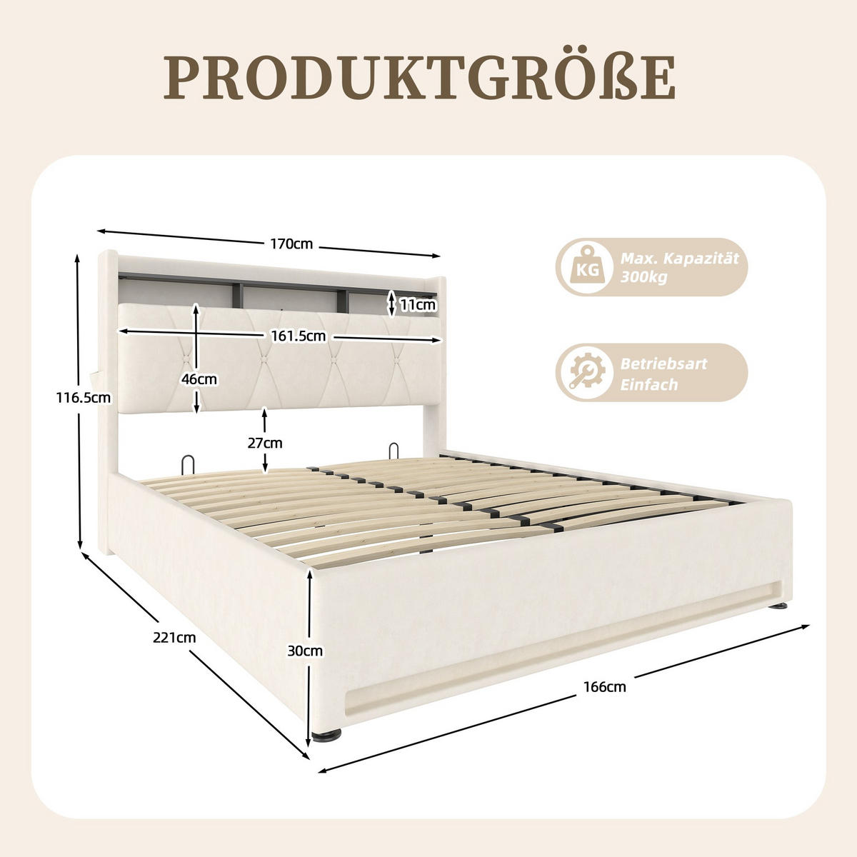 BOXBETT 160/200 mit Bettkasten, LED, USB/Typ C-Ladeanschluss,Samt,Beige - Beige, Metall (160/200cm) - LVHOM