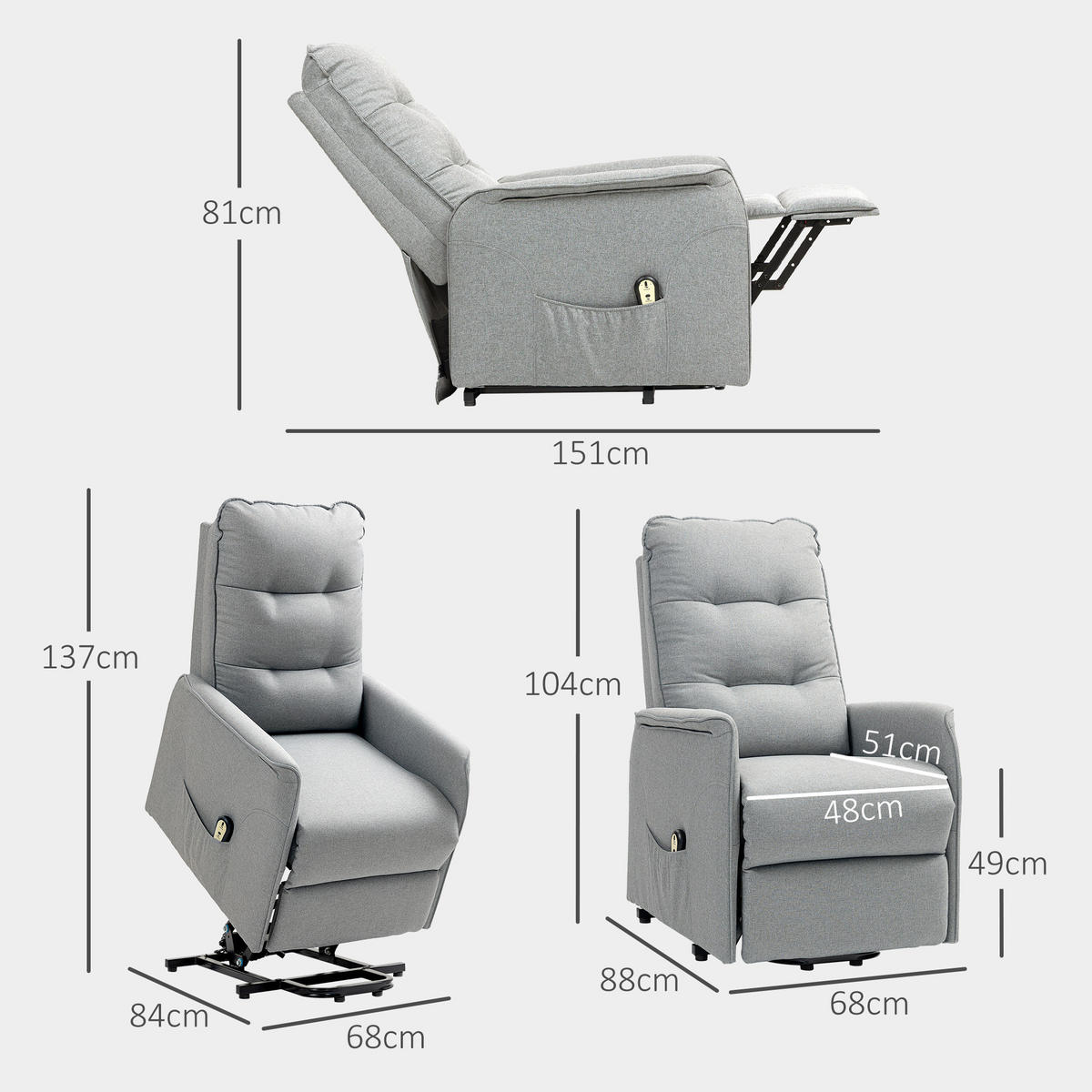 FERNSEHSESSEL mit Aufstehhilfe, Relaxsessel mit Liegefunktion, Taschenfeder - Grau, Metall (68/104/88cm) - HOMCOM