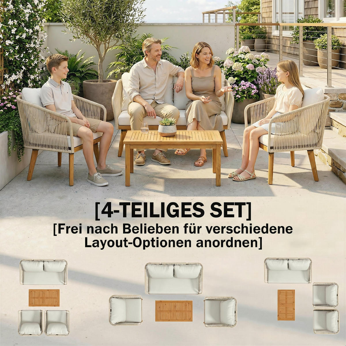 RATTAN-GARTENMÖBEL-SET 4er Set PP-Rattan Stahl Cremeweiß - Creme/Akaziefarben, Kunststoff/Textil - Outsunny