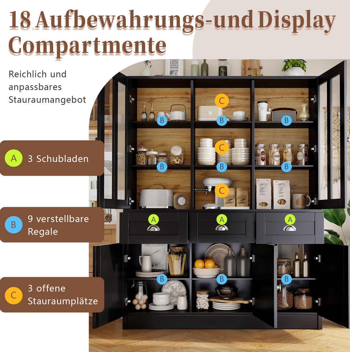 BUFFET 140/175/38,5 cm Schwarz aus Acryl und MDF mit Kippschutz - Schwarz, Holzwerkstoff (38.5/175/140cm) - OKMYHOME