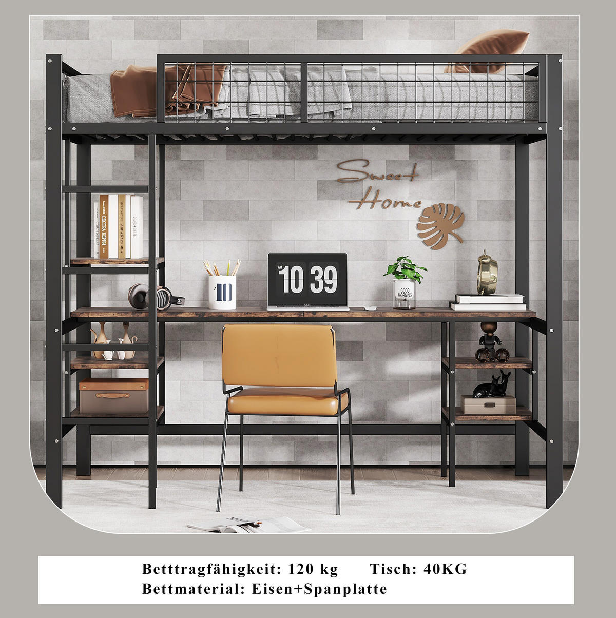 HOCHBETT 90/200 cm aus Metall und Holzwerkstoff mit Schreibtisch und Regal - Schwarz, Metall (90/200cm) - Flora Grace