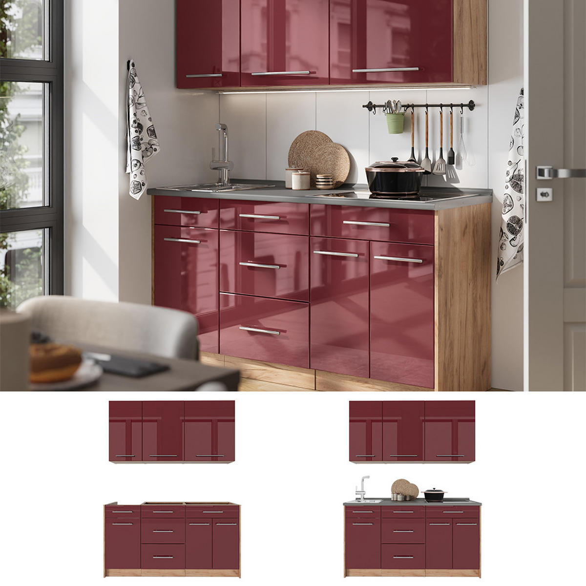 SAMOSTATNÁ KUCHYŇA Fame-Line, Bordeaux vysoký lesk/Dub Goldkraft, 150 cm, AP Oak - bordová/dub medový, kompozitné drevo (150/82/60cm) - Vicco