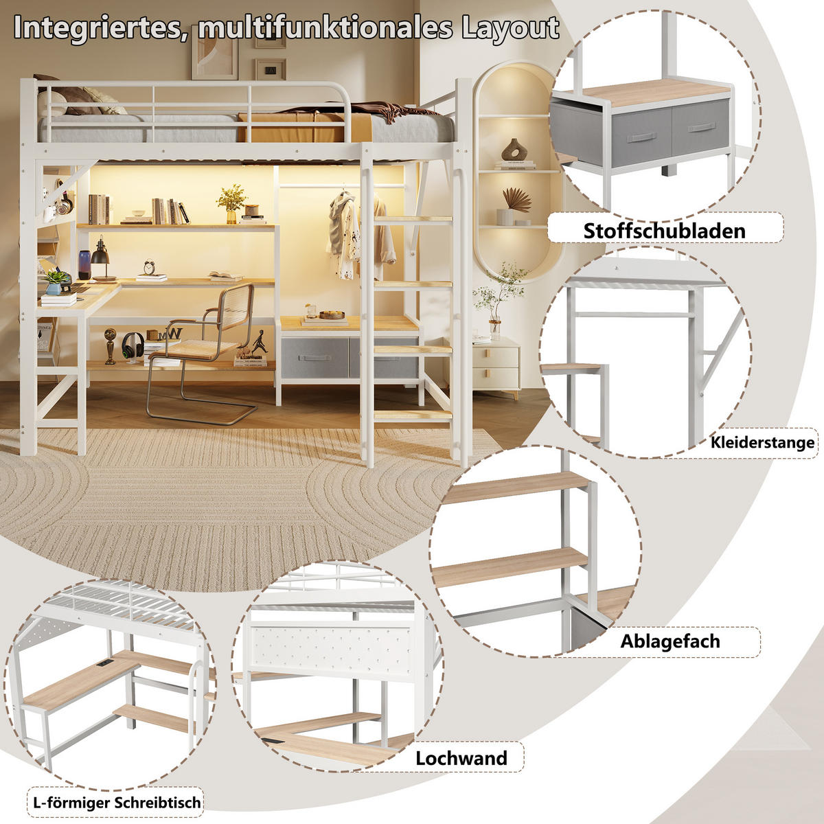 HOCHBETT 140x200cm, Eisen, Lochwand, Regale, Schubladen, Schreibtisch, USB, LED, Geländer, ohne Matratze, Weiß - Weiß, Holzwerkstoff (140/200cm)