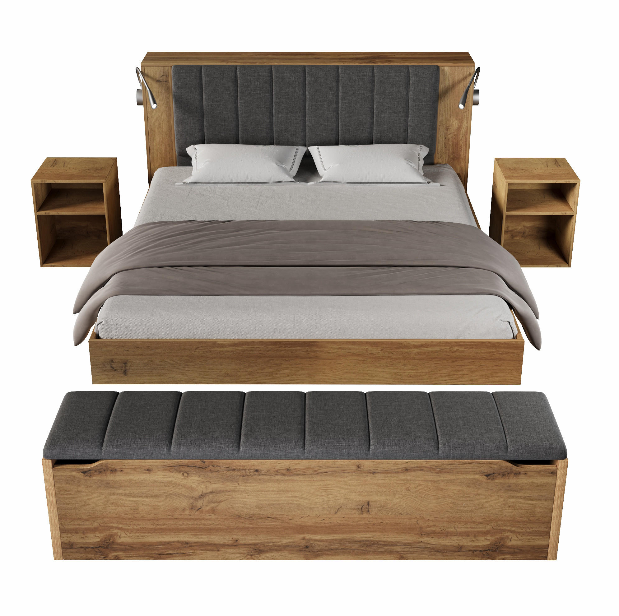 BETT 160/200 cm Eiche aus Holz mit Nachttischen, Bettbank und Leselampen - Eichefarben, Holzwerkstoff (160/200cm) - OKMYHOME
